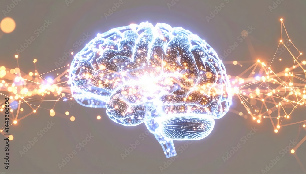 Poster digital brain illustration with glowing neural connections and sparks representing artificial ligenc