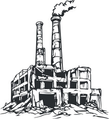 Black and white sketch of an industrial factory with two chimneys emitting smoke and surrounding debris