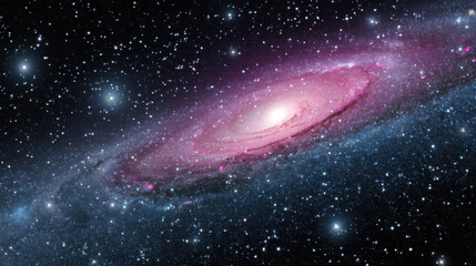 Obraz premium stunning view of spiral galaxy, showcasing vibrant pink and white hues against backdrop of countless stars. This cosmic scene evokes sense of wonder and vastness of universe