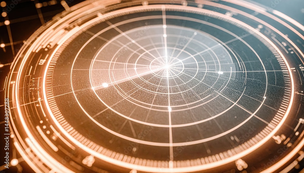 Poster futuristic radar screen with glowing circular interface and high-tech digital grid displaying data a