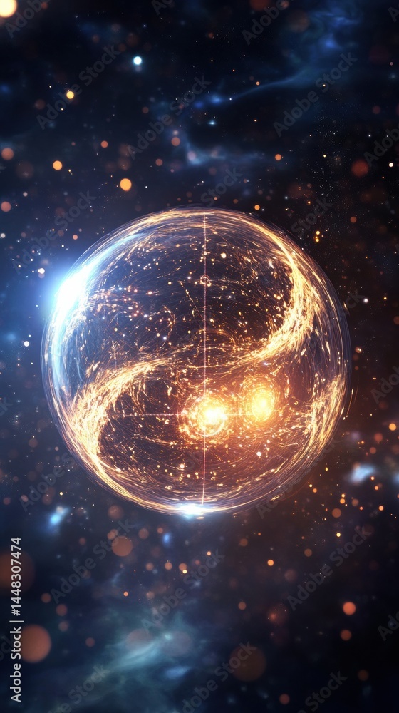 Poster quantum ai sphere glows in the cosmic expanse with intricate energy patterns aligned to the golden r