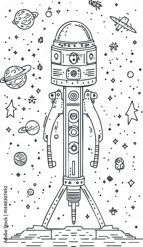Poster black and white line drawing of a rocket in space with planets and stars surrounding it