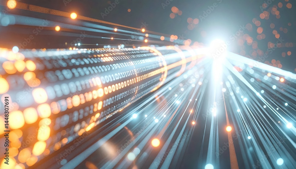 Poster abstract digital light streaks with glowing dots representing high speed data transfer and futuristi