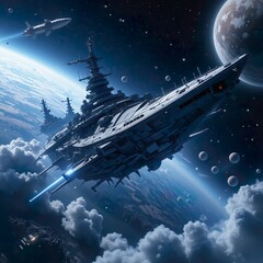 Obraz premium Futuristic aircraft carrier flying in space. 3D rendering.