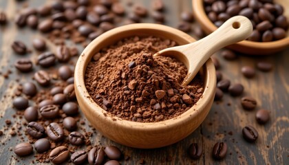 Ground Coffee in Wooden Bowls: A rustic still life showcases the rich aroma of freshly ground coffee nestled in wooden bowls alongside whole coffee beans, capturing the essence of a morning ritual.