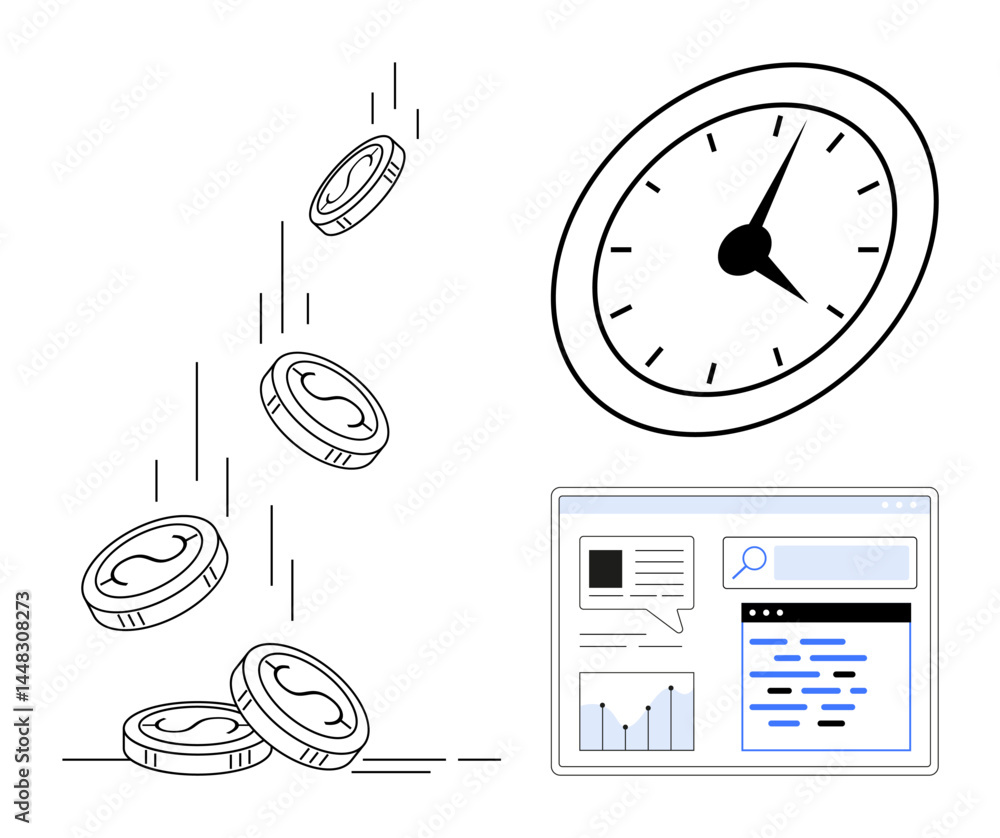 Poster falling coins, a clock symbolizing time, and a data interface portraying productivity. ideal for tim