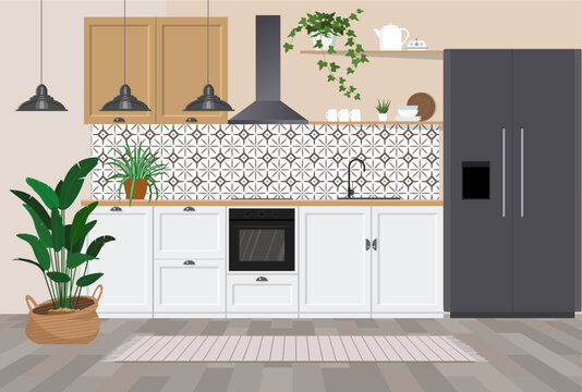 Fototapeta Modern interior design of cozy home kitchen, wooden furniture, cooking appliances, utensils, decoration, flowers and plants. Colored flat vector illustration of room in rustic style