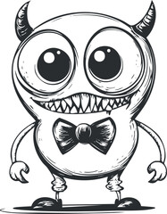 Black and white cartoon monster with big eyes, horns, sharp teeth and bowtie smiling