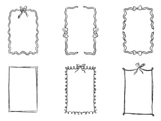 Ribbon frame with tied bow in black brush stroke texture isolated on white background. Hand drawn vector sketch illustration in vintage charcoal ink. Greeting card design, invitation element