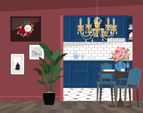 Vector illustration of blue kitchen interior with burgundy color combination of walls in dining area.