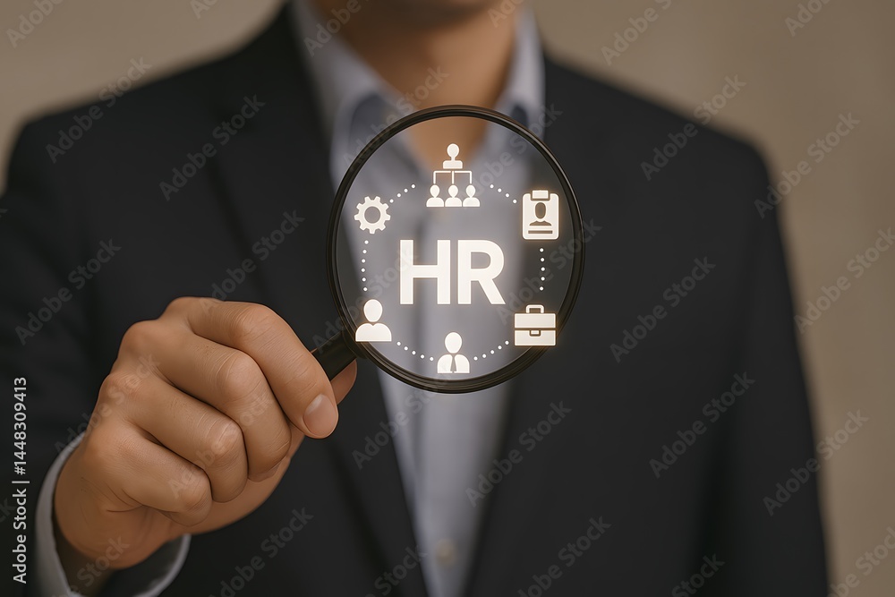 Poster human resources concept with magnifying glass in business setting