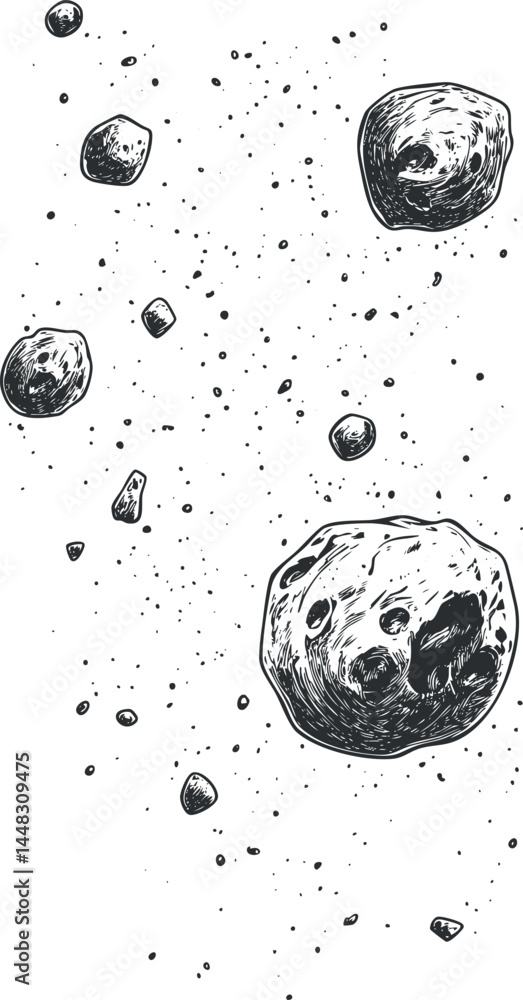 Aufkleber hand-drawn illustration of asteroids floating in outer space with detailed textures and craters
