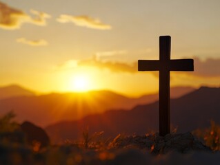 A cross set against the backdrop of a beautiful sunset in a mountainous landscape, evoking themes of faith, spirituality, and reflection.