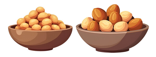 Delicious nuts in bowls, showcasing variety of textures and colors.,cut out