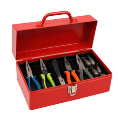 A vibrant red metal toolbox neatly organized with an assortment of colorful pliers and fishing sinkers.