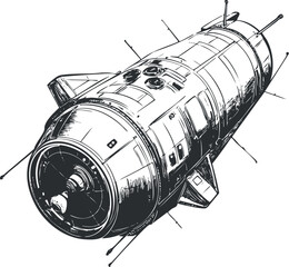 Black and white detailed illustration of a spacecraft or satellite used for space exploration and communication © vadymstock