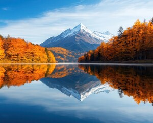 Fototapeta premium Stunning mountain lake reflecting vibrant autumn leaves, crisp cool air creating perfect clarity