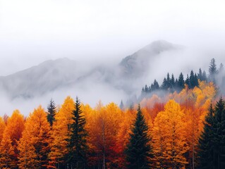 Dreamy fall foliage blanketing the mountains, crisp air and soft mist creating an ethereal feel