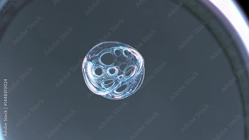 Poster close-up video of a transparent bubble floating against a dark background, captured from a low-angle