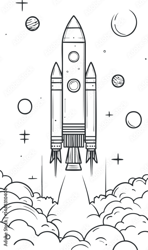 Poster black and white line drawing of a rocket launching into space with planets and stars in background