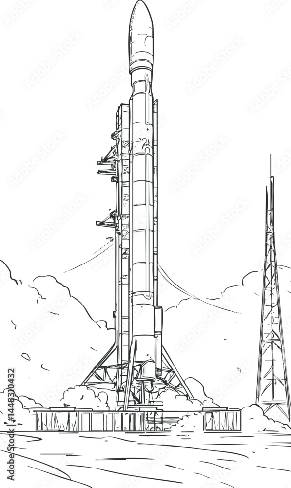 Poster black and white sketch of a rocket standing vertically on a launchpad ready for launch in a space fa