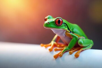 Obraz premium Green tree frog perched on white, vibrant colors, cute, froggy, animal