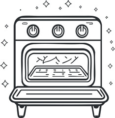 Black and white line art illustration of an open oven with control knobs and clean oven interior