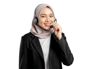 Indonesian Woman wearing hijab with Headset Smiling, Customer Support