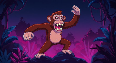 Silly Ape Jungle Trend Video Game Character
A surreal vector illustration and looped game footage of a silly ape character in a neon tropical jungle. Perfect for video game branding, trend-driven 
