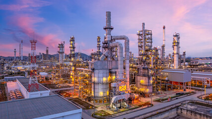 Aerial view oil and gas refinery plant at night, Global business energy logistic transportation,...