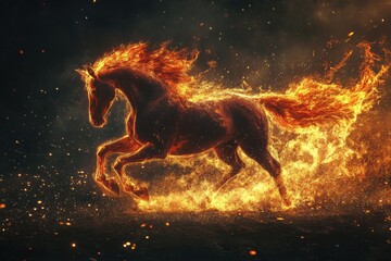 Obraz premium Fiery horse galloping through a field of sparks, embodying intensity with a golden ratio focus