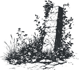 Old cracked stone pillar overgrown with vines and plants surrounded by wild foliage and grass outdoors.