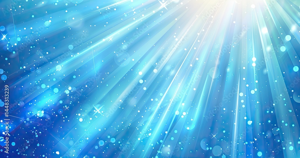 Poster abstract blue rays of light with sparkling particles, creating a vibrant, ethereal atmosphere.