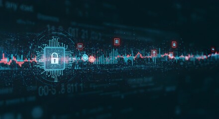 Digital Security Visualization: Data Stream with Lock Icon on Microchip Design