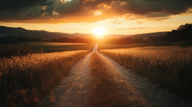 Peaceful rural path at sunset with no traffic.