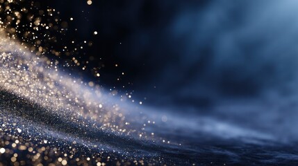 Dark, shimmering particles,  gold and blue tones, soft,  abstract,  elegant background