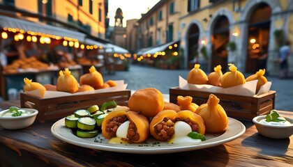 Christmas market scenes in Barcelona and Venice showcasing gourmet food, fresh meals, and healthy dishes on display with vegetables, fruits, meats, and salads in a festive restaurant setting