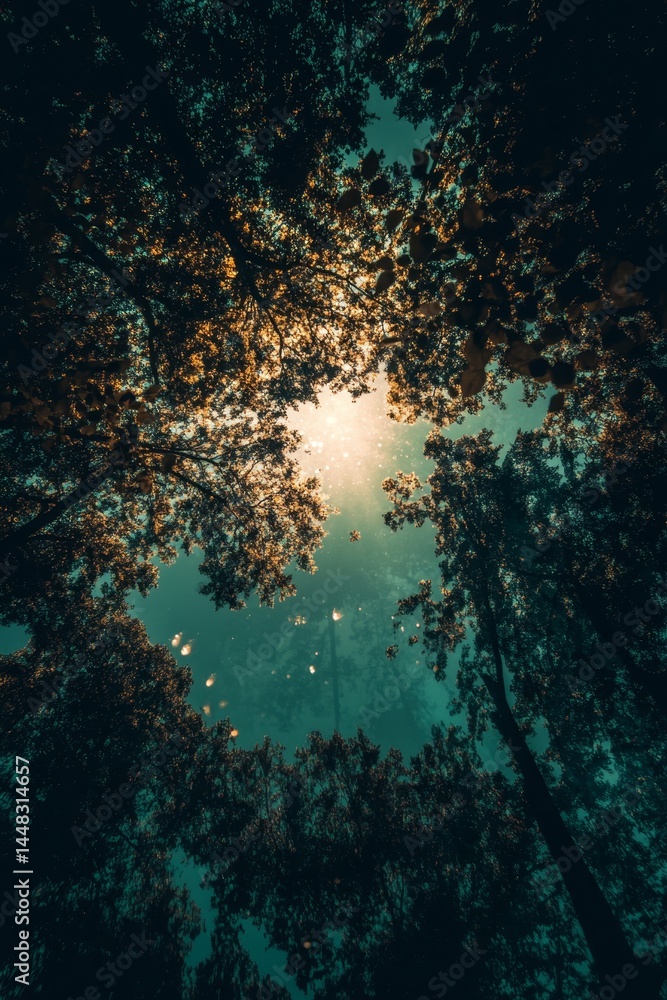 Aufkleber glowing rays of light filter through the dense canopy of trees, creating a serene and mystical atmos