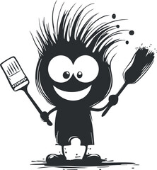Black and white cartoon character with wild hair holding two paintbrushes smiling happily