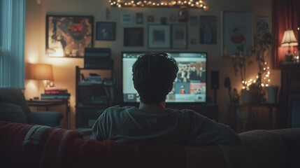 Person watching TV at home, cozy evening