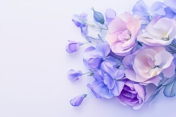 Pastel colored flowers arranged artistically on a light background.