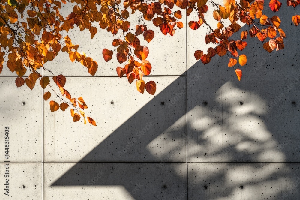 Poster autumn leaves cast shadows on a concrete wall, creating a contrast between nature and architecture.