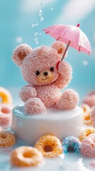Pink teddy bear with umbrella, sitting on a white pedestal, surrounded by colorful cereal