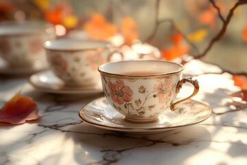Elegant teacups with floral designs sit on a marble table in soft light, suggesting a serene afternoon tea setting.
