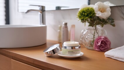 Cream jar on bathroom counter