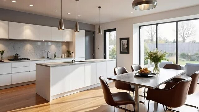 Modern Kitchen Design with Island and Garden View Sunlight streams through large windows illuminating a stylish kitchen with white cabinetry and a central island