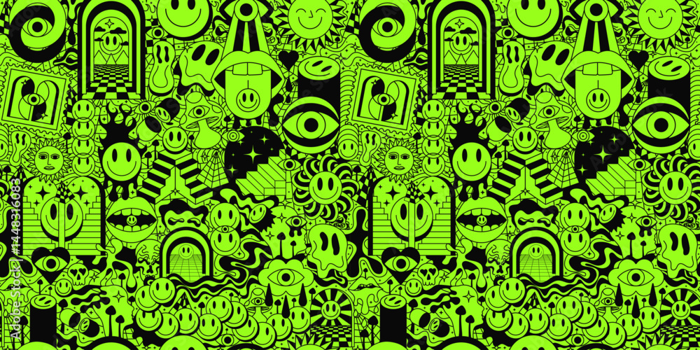 Poster cool acid psychedelic groovy seamless pattern. abstract trippy y2k illustration.