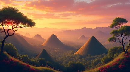  Sunset over African savanna with two mountains and a solitary palm tree, warm golden light and vast open landscape. Concepts: savanna, sunset, landscape, Africa, mountain, palm, wilderness.
