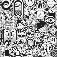 Naklejka premium Cool Acid Psychedelic Groovy Seamless Pattern. Abstract Trippy Y2k Illustration.