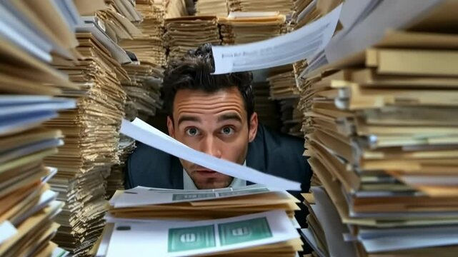 Overwhelmed office worker struggles to find important documents amid towering piles of paperwork